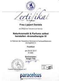 Zertifikat, Aromatherapie - Naturkosmetik und Parfums selber herstellen, Daniela Lippert, Heilpraktikerin, Goldbach